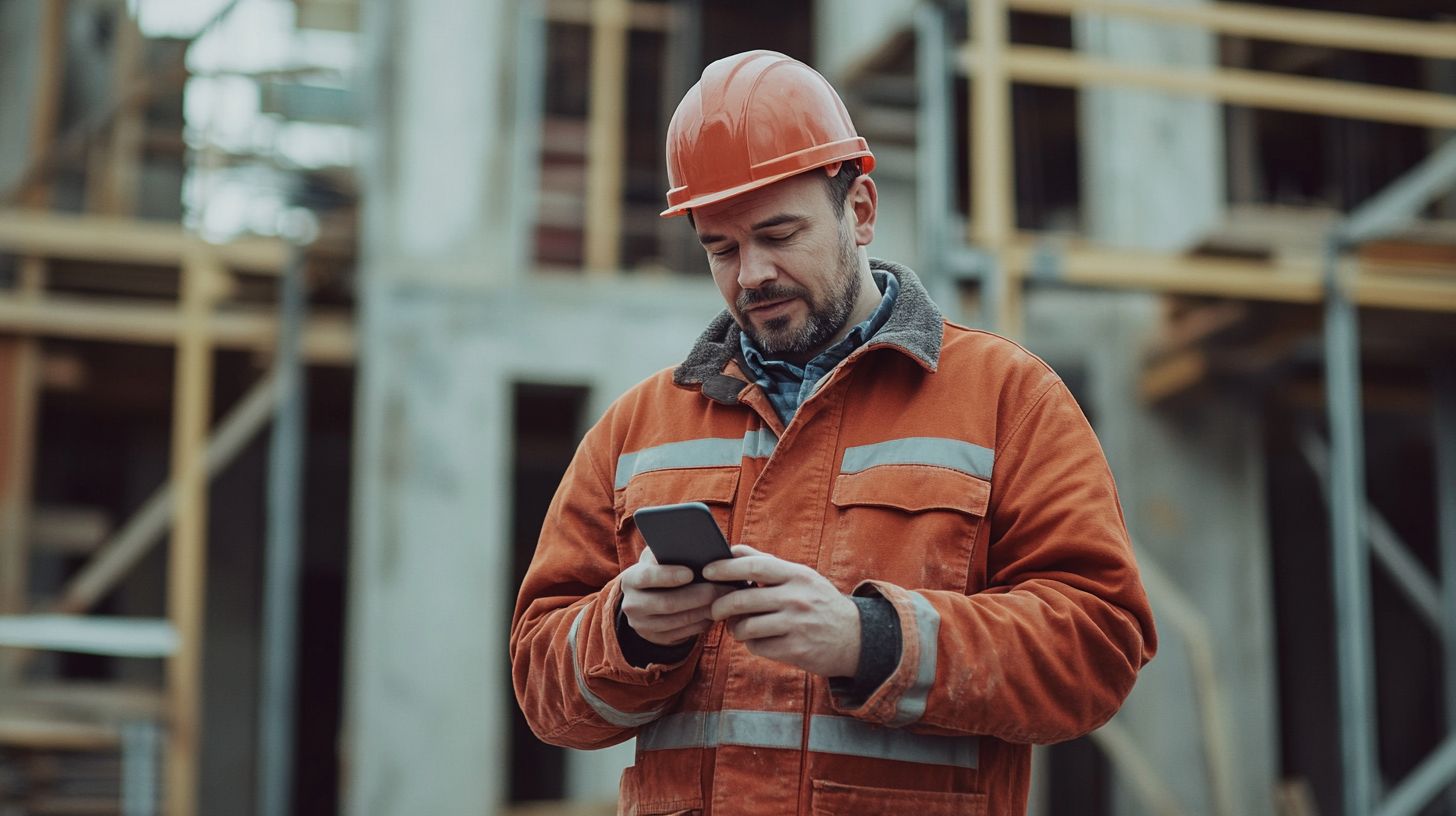 Artisan consultant son téléphone sur chantier