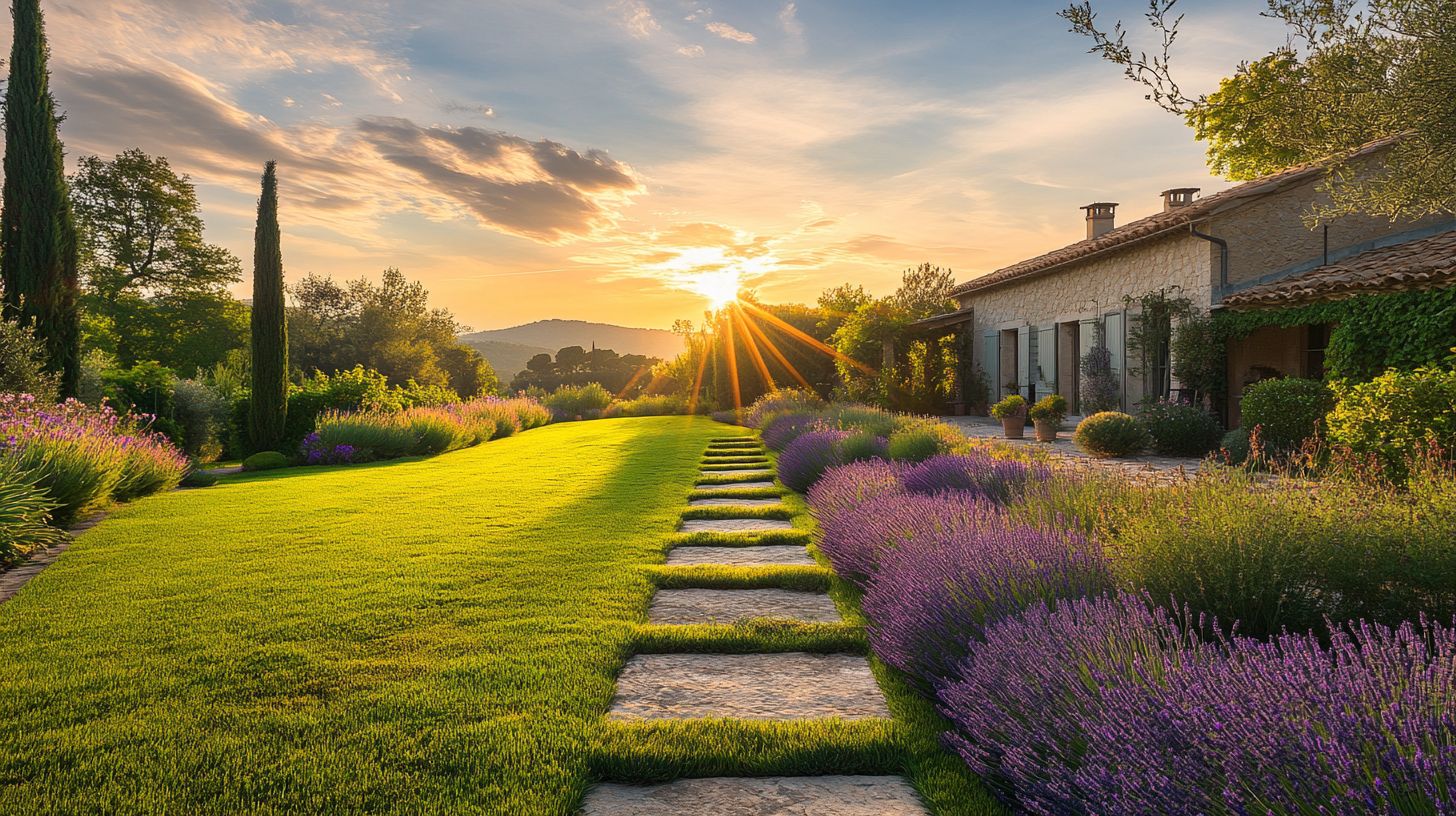 Jardin paysager terminé au lever du soleil
